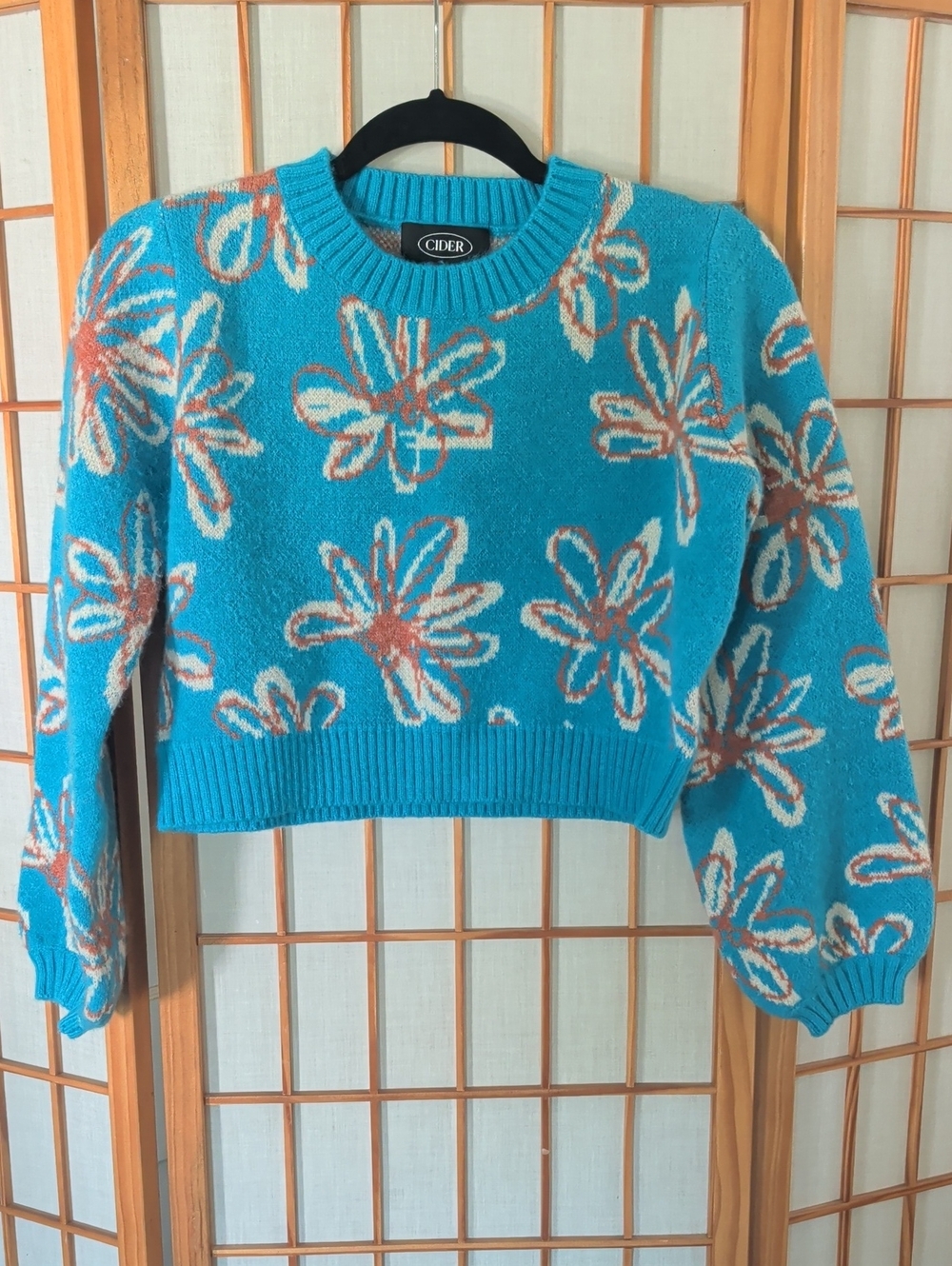 Cider Turquoise Floral Cropped Crewneck Sweater